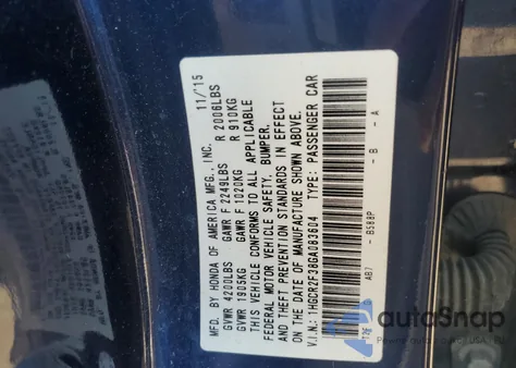 2016 Honda Accord Lx from USA, damaged, VIN 1HGCR2F38GA083604
